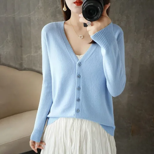 Women V Neck Knitted Cardigan Long Sleeve Sweater sky blue XL Size: XL; Height (cm): 170-175; Weight (kg): 60-65; Bust (cm): 94-98; Waist (cm): 78-82; Shoulder width (cm): 40; Length (cm): 64