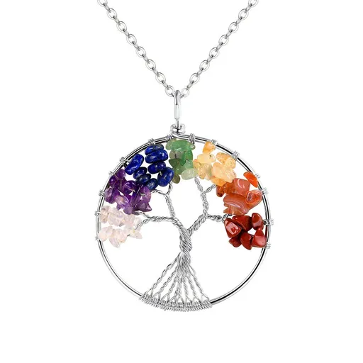 7 Tree of Life Wire Wrapped Link Chain Pendant Necklace Reiki Natural Stone Crystal Gemstone Beads Necklace for Women Men