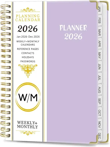 2026 Weekly and Monthly Planner, Jan-Dec, Spiral-Bound with Tabs, Inner Pocket, 6.2" x 8.5" Year Planner Calendar (Purple, 8.5")
