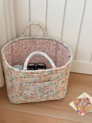 1Pc Floral Print Quilted Storage Basket Laundry Basket Large Capacity Portable Storage Bag Foldable Snack Basket With Handle For Cosmetic Storage Basket Toy(Blue)
