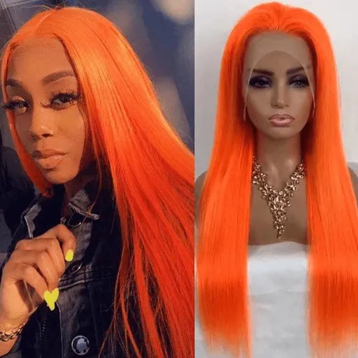 Light Orange Color Straight Lace Frontal Wig Orange Long Straight Hair Small Lace Synthetic Fiber Full Head Cover 26in