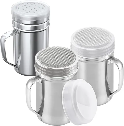 [2-pcs] 14oz Large Powdered Sugar Shakers (ine Mesh) + [1-pcs] 14oz Stainless Steel Salt Pepper Dredge Shaker - with Plastic Caps & Handles Bundle
