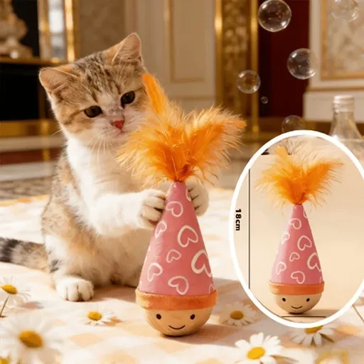 Interactive Wobble Cat Toy Self-Righting Design Wooden Base Red