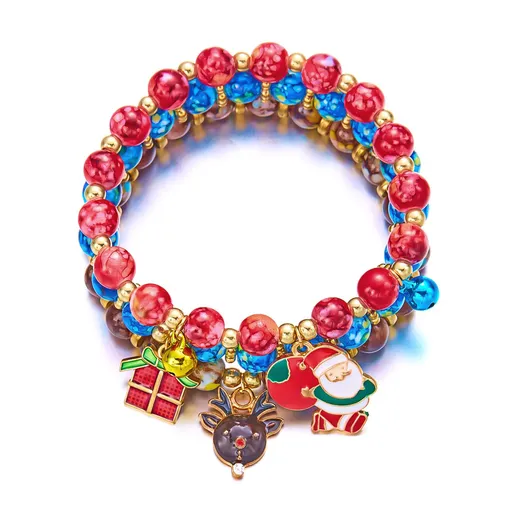 3-Pack Style 4 Christmas Charm Beaded Bracelet Set - Festive Alloy and Acrylic Stretch Jewelry with Christmas elements - Holiday Party Favors and Stocking Stuffer Gifts for Women and Girls