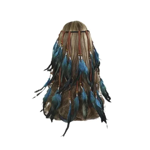 Bohemian Feather Headband Gypsy Indian Headdress Elastic Hippie Feather Headpiece with Blue and Black Feather Long