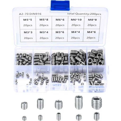 200 pcs Stainless Steel Grub Screws, M3 M4 M5 M6 M8 Machine Screws, Assortment Kit Fasteners Grub Screws
