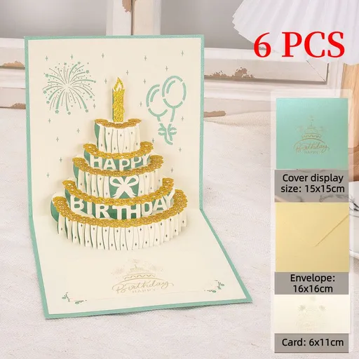 6-Pack - Gold Foil Cake 3D Pop-Up Birthday Cards, Creative Papercut Foldable Greeting Gift Cards - Cyan
