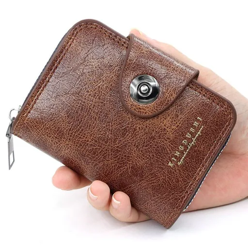 Vintage Waxed PU Leather Card Holder Wallet, Snap Button Zipper Coin Purse, Multi-Card Slot Mini Credit Card Case for Men and Women (Brown)
