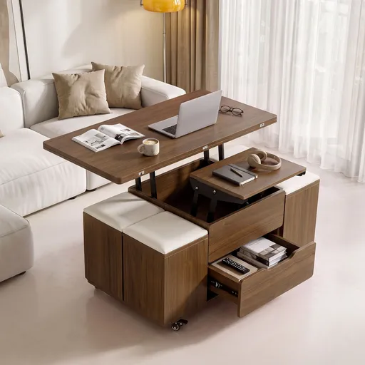 Fittro 3-in-1 Lift Top Coffee Table with 4 Chairs, Dining Table Work Desk Built-in Storage, Hydraulic Swivel, Lockable Castors, Space-Saving for Living Rooms & Flats, Apartments