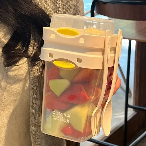 White Portable Salad & Breakfast Cup On-the-Go - Dual Compartment Container with Spork