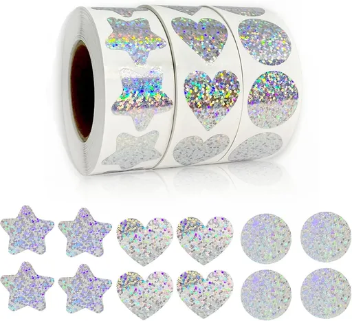 Sticker roll - Holographic glitter sticker roll - 1500 sheets - Star/heart/circle patterns - Colorful self-adhesive stickers - Suitable for craft projects, scrapbooking, Christmas gift wrapping, laptop and water bottle decoration.