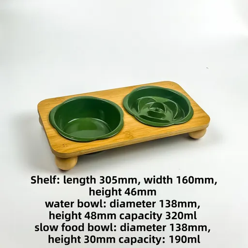 Green Ceramic Floral Cat Slow Feeder(190ML) & Water Bowl(320ML) Set - Dishwasher Safe Pet Dual Dining Kit with Neck-Friendly Elevated Stand