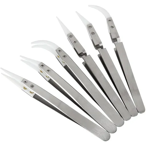 Precision Ceramic Inverted Soldering Tweezers 6pcs Non-conductive Antimagnetic with Pointed Curved Tips