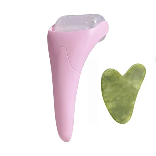 2-piece Light Pink Face Ice Roller with Gel Cooling Head and Gua Sha Board- Reusable PP and Gel Cold Massage Tool for De-Puffing, Soothing, and Refreshing Skin, Easy to Freeze, Comfortable Grip, Daily Skincare Essential