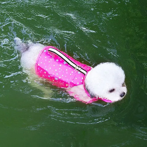 Dog Life Jacket with Rescue Handle and Adjustable Straps, Reflective Pet Swimming Vest for Small Medium Large Dogs, Floatation Safety Coat for Pool Beach Lake Boating and Outdoor Water Play (2XL, Star Dot Rose)