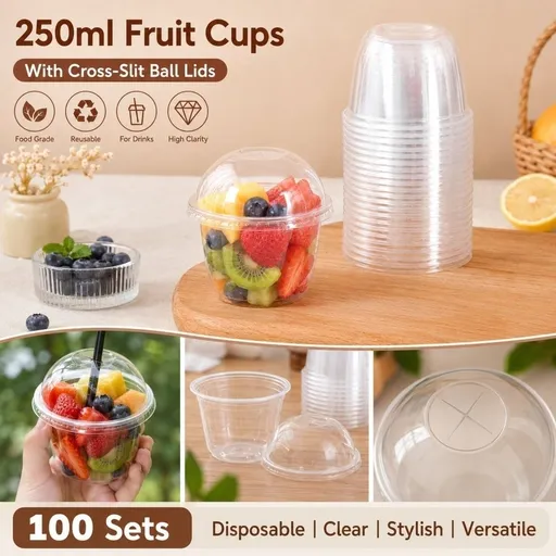 100 Pack Disposable Plastic Cups with Dome Cross Lids 8.45 Ounce Clear Round Fruit Containers for Milkshakes Yogurt Parfaits and Fruit Salads Dessert Serving Set