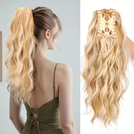 Water wave curly hair clip-in ponytail wig, made of high-heat-resistant synthetic material. Perfect for daily wear to add volume, ideal for holiday celebrations and Halloween parties.（Mixed color 18H613）