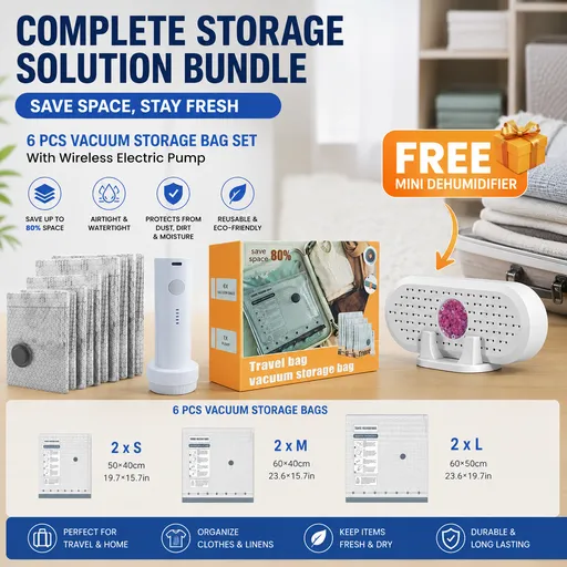 6 Pack Vacuum Storage Bags and Wireless Electric Pump and Renewable Mini Dehumidifier Bundle, Travel Compression Storage Set for Clothes, Blankets and Bedding