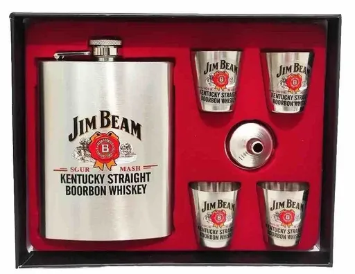 Jim Beam Stainless Steel Classic 270ml Travel Flask Set w/ 4pc Shot Glass Silver