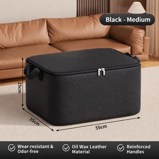 Must-Have Seasonal Waxed Canvas Storage Bag, Large Capacity Stackable Organizer with Reinforced Handles for Clothes & Quilts(BLACK: M)
