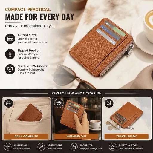 Brown Vertical Casual Card Wallet Lychee Texture Zipper Closure Multi Pocket Card Organizer