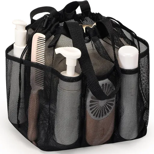 Black Large Multi-Pocket Mesh Beach Tote Bag - Quick-Dry Travel & Gym Organizer with Drawstring Closure