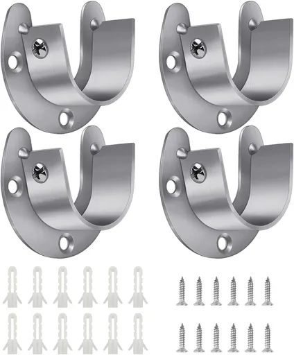 4 Packs Stainless Steel Wardrobe Bracket U-Shaped Rod Socket Flange 1-1/4" Diameter Heavy Duty Closet Rod Brackets End Supports for Closet Rod with Screws (Silver)