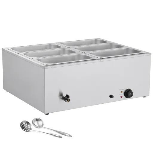 Commercial Food Warmer, 1500W Electric Stainless Steel Steam Food Warmer with Lid, 6-Pan Fast Heating Countertop Buffet Bain Marie with Soup & Perforated Ladles, for Catering, Restaurant, Party