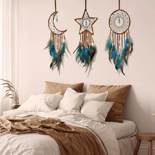 3 Pieces with Light Moon Sun Star Design Handmade Feather Lucky Turquoise Pendant Beads Wall Hanging Ornament for Kids Bedroom