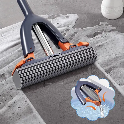 Self Wringing Sponge Mop with Roller, Hands Free Floor Cleaner for Tiles, Timber and Hard Floors, 37 cm Sponge Head