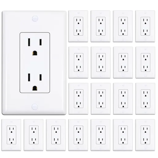 Decorator Receptacle Outlet with Wall Plate, Non-Tamper-Resistant Electrical Outlet, 15 amp Outlet, Self-Grounding, UL Listed, White (20 Pack)