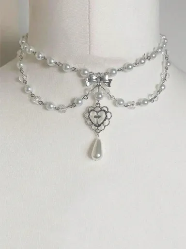 1pc Adorable Multi Layer Faux Pearl Choker With Silvery Heart Accent Perfect Birthday Gift Y2K Accessory For Daily Wear Special Occasions Ideal Valentine s Day Gift