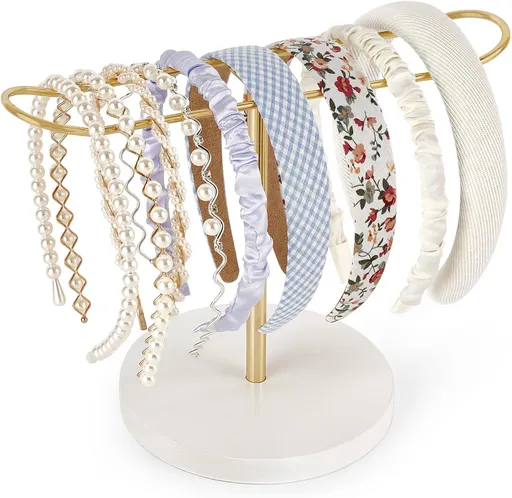Headband Holder Metal Headband Organizer Hair Hoop Display Stand, Modern Hair Accessories Organizer Storage Hair Ropes Bracelets Bangles College Dorm Room Decor for Women and Girls, Gold