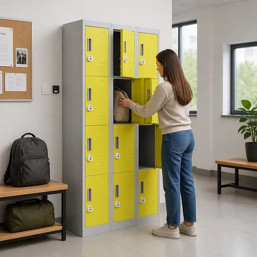 12-Door Steel Locker – Grey with Yellow Door, 3-Digit Combination Lock