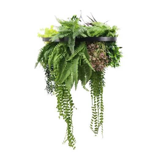 Black Framed Roof Hanging Disc With Tropical Foliage Mix and Draping Stems 60cm UV Resistant