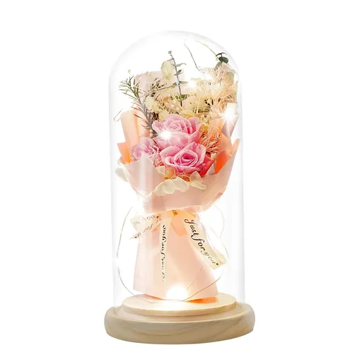 Preserved Flowers Gifts for Her,Preserved Rose Bouquet in Glass Dome, Light Up Rose Gifts Perfect ,Pink Rose