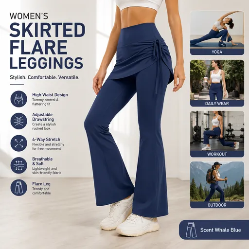Women's High Waist Skirted Flare Yoga Pants with Adjustable Ruched Drawstring (L size)- Blue Faux Two Piece Bootcut Leggings for Pilates, Gym Workout, Running, Dance and Everyday Wear
