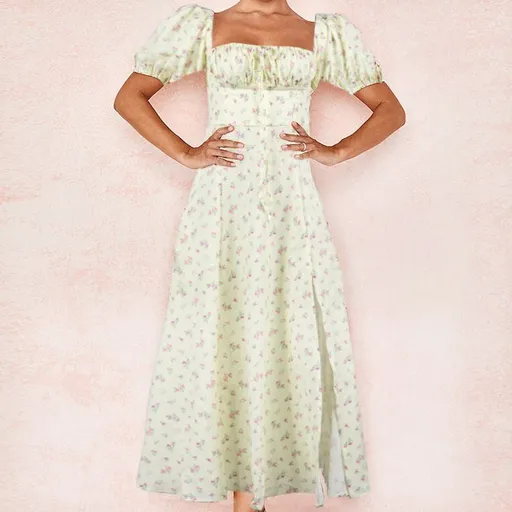Hongyi Floral Long Dress Summer 2026 New flower goose yellow M Size: M; Height (cm): 160-165; Weight (kg): 50-55; Bust (cm): 86-90; Waist (cm): 70-74; Shoulder width (cm): 38; Length (cm): 60