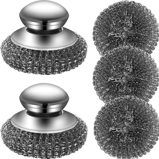 Steel Wool Scrubber with 2 Handles & 3 Replacement Wire Sponge(Scouring Pads) - Stainless Metal Cleaner Heavy Duty Brh for Pots, Pans, Cast Iron, Grill, Sink, Dishes, Stove, Kitchen Deep Clean