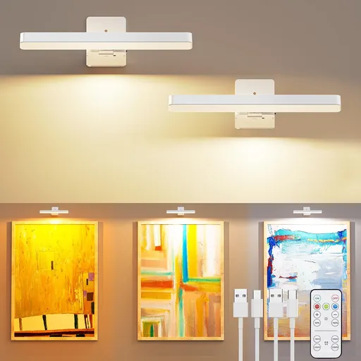 White Rechargeable Picture Light with Remote, Dimmable 3 Colour LED Wall Light for Artwork, Frames, Mirrors and Gallery Walls