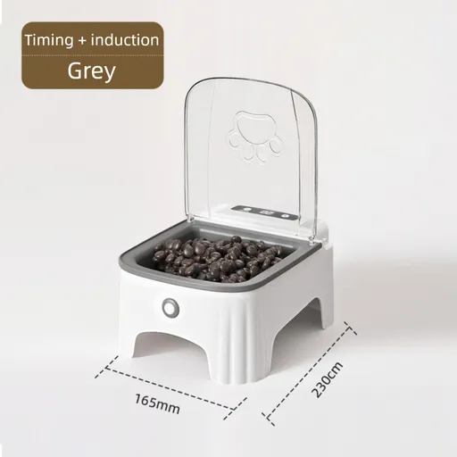 Grey and White Smart Infrared Motion Sensor Automatic Pet Feeder - 700ml Timed Auto Open Lid Food Bowl with LCD Screen & Rechargable Battery for Cats and Dogs