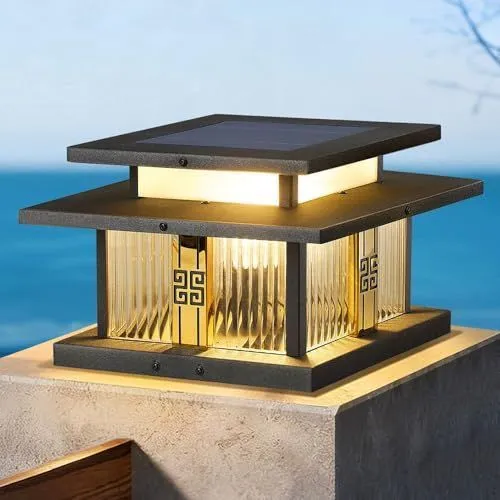 Length: 30cm Outdoor Stainless Steel Post Light, Modern LED Fence Deck Cap Light Lantern Column Lamp for Flat Surface Patio with Glass Shade with IP54 Waterproof E26 Bulb for Outside Patio Yard Fence - Black - Size 30cm