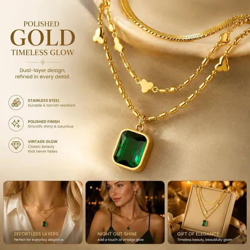 Timeless Vintage Double Stack Necklace, Sleek Minimalist Gold Plated Stainless Steel Accessory
