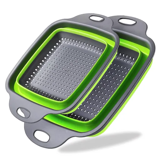 2PCS Collapsible Strainer, Silicone Collapsible , 11.5 inch Square Silicone and 9.5inch Square Silicone (Green)