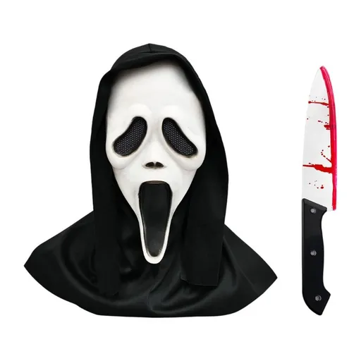 Scream Ghost Face Mask with Bloody Knife Prop Halloween Latex Hood Mask for Horror Parties Black