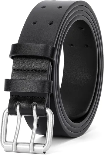Men Double Prong PU Leather Belt Casual Work Heavy Duty Belt Double Grommet Holes Belt for Jeans