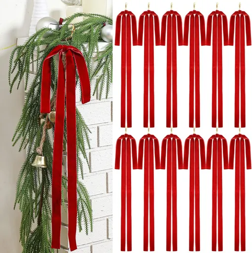 12 Pcs Red Velvet Ribbon Bows Christmas Tree Decorations 23.5x15.5 Inch Rustic Neutral Large Velvet Christmas Swag Ornaments Staircase Wreath Bows Vintage Tree Topper Bow