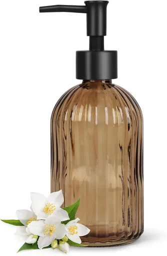13.5oz Stripe Glass Soap Dispenser with Black Plastic Pump, 400ml Liquid Hand Soap Dispenser, Rustproof Pump for Kitchen & Bathroom, Great for Lotions, Essential Oil, Liquid Soaps-Amber