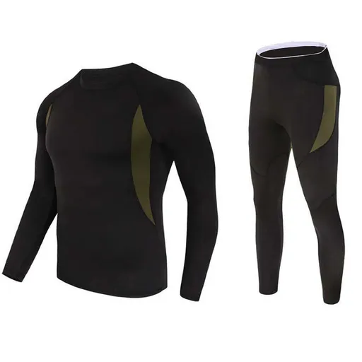 XL Size Black Men's Tactical 4-Way Stretch Fleece Lined Thermal Underwear Set - Winter Sweat-Wicking & Breathable Sportswear for Training & Outdoors