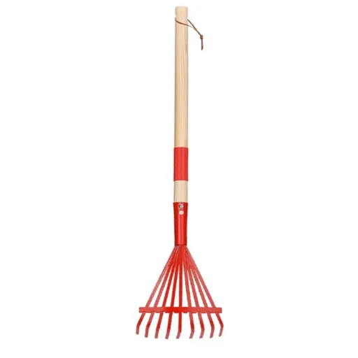 3-Section Adjustable Leaf Rake with Wood & Plastic Handle, Lightweight Small Garden Tool for Yard Cleanup (Red)